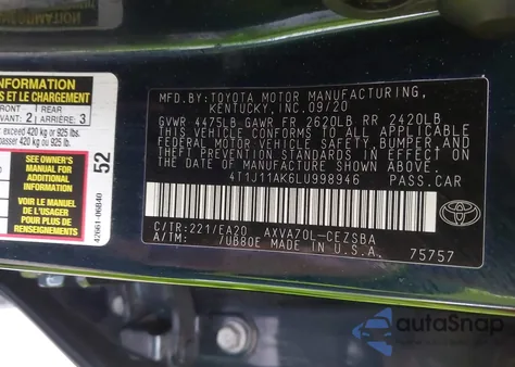 2020 Toyota Camry Se from USA, damaged, VIN 4T1J11AK6LU998946